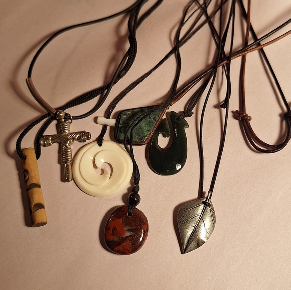 7 Unisex Corded Necklaces Some Natural Elements Cross Stones Rugged Hippie BEACH - Picture 3 of 4